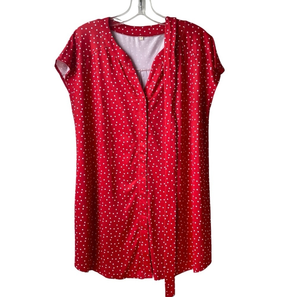 Maternity Short Sleeved Tie Waist Top Snap Button Up Red + White Polka Dots XL